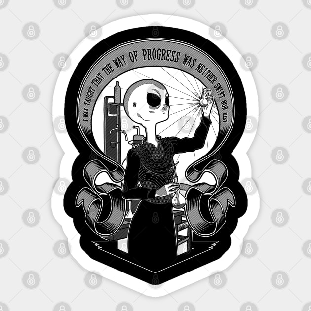 The alien Marie Curie - Black version Sticker by ToleStyle